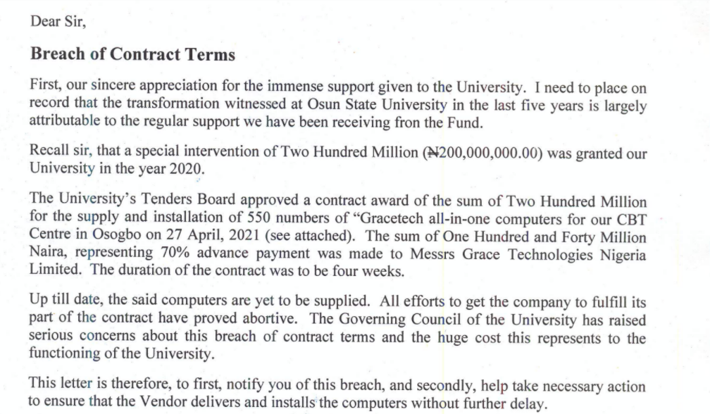 Contract Breach and Delayed Execution of UNIOSUN, TETFUND N200 million ‘Customised Computers’ Project