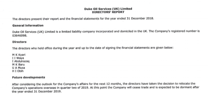 Screenshot of Duke UK financial statement, 2018. (NNPC)